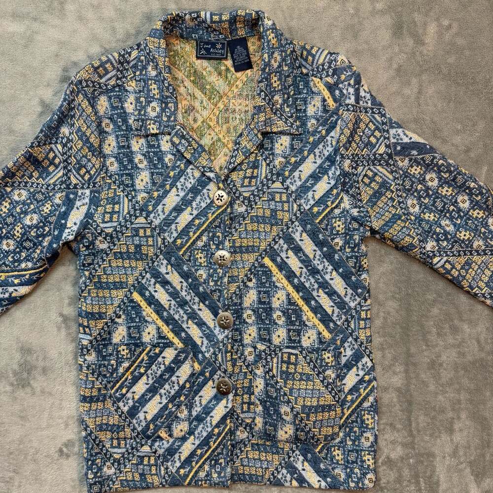 Jane Ashley Tapestry Jacket Size S Blue Abstract Geometric Blazer